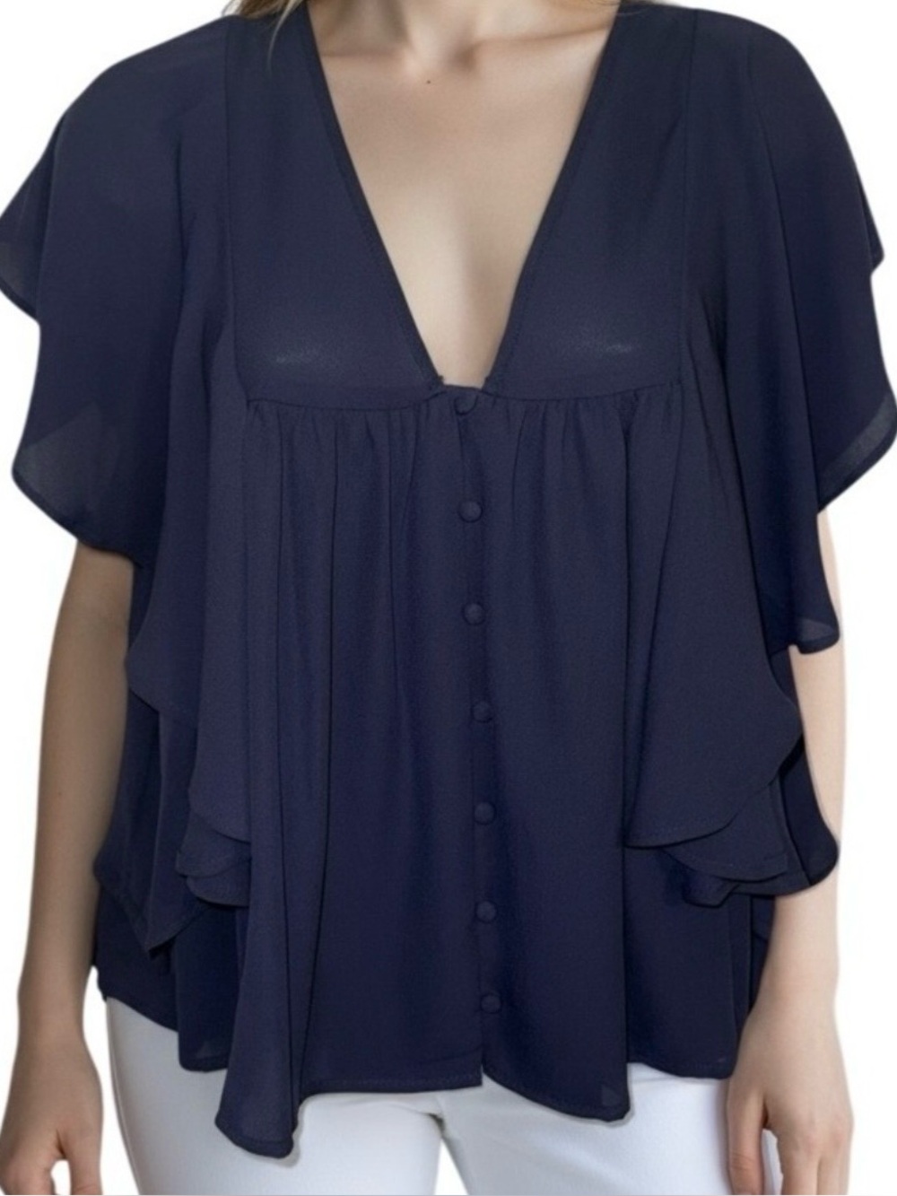 Express Navy Blue Flutter Sleeve Button Front Top Size XS